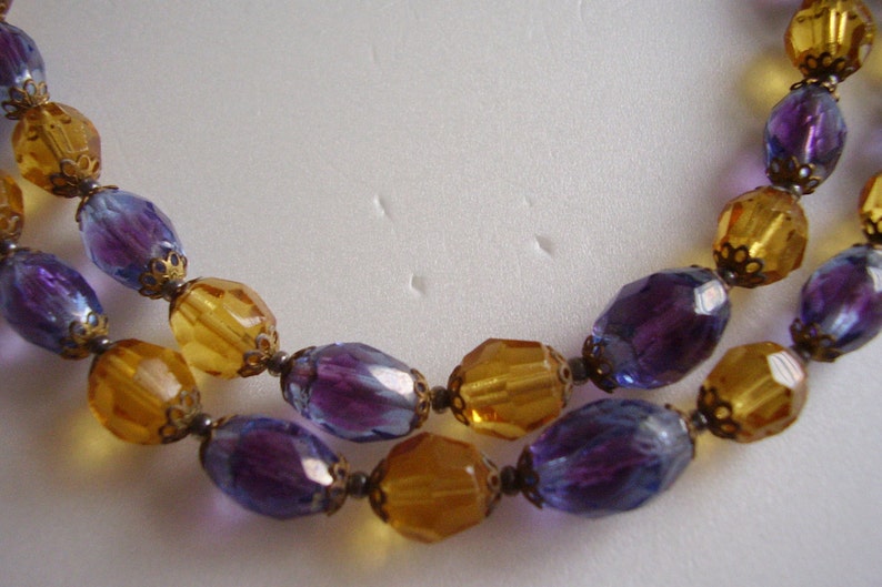 Necklace Bohemian Bi Colour 2 Tone Purple and Violet Czech Glass with Amber Faceted Crystal Vintage Beads 2 Strand Chains
