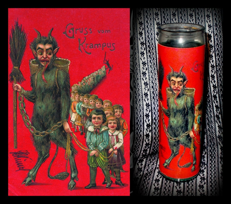 Red or Green Wax Candle Tall Round Glass Jar Candle KRAMPUS CANDLE Glass Pillar Krampus Novena Prayer Candle