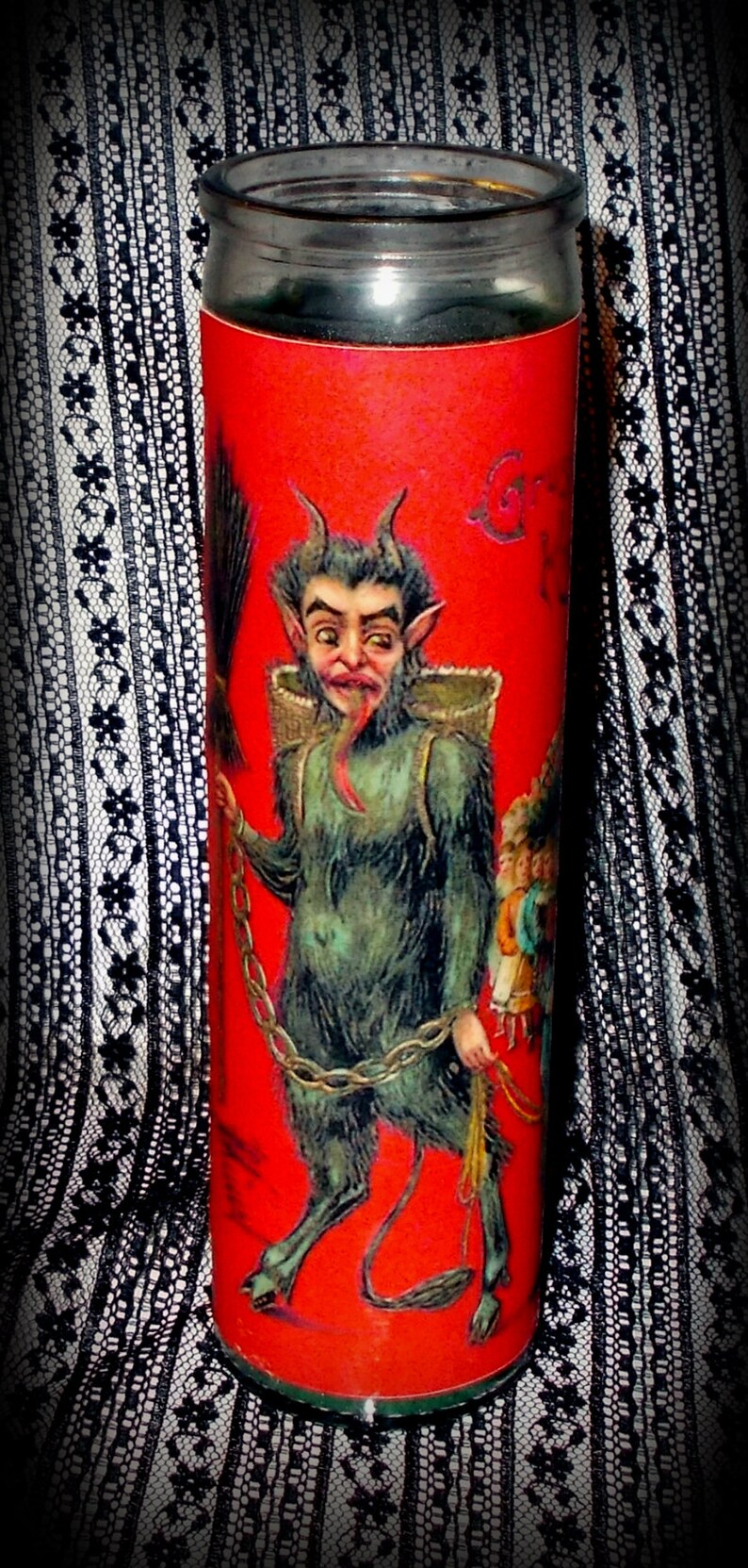 Red or Green Wax Candle Tall Round Glass Jar Candle KRAMPUS CANDLE Glass Pillar Krampus Novena Prayer Candle