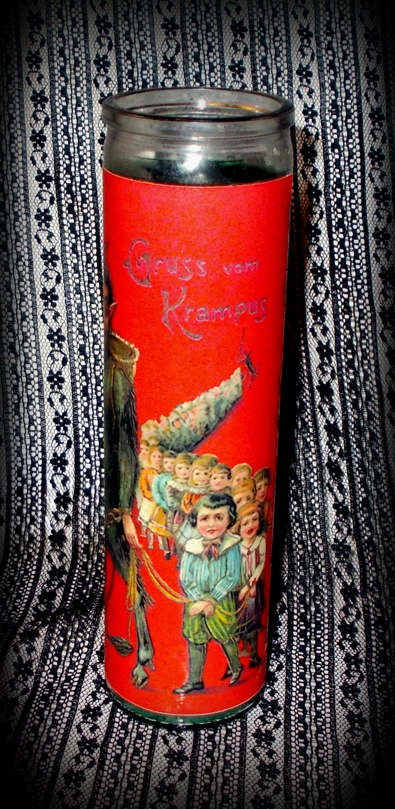 Red or Green Wax Candle Tall Round Glass Jar Candle KRAMPUS CANDLE Glass Pillar Krampus Novena Prayer Candle