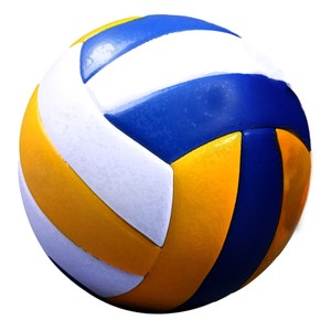 Puede incluir: Un bal&oacute;n de voleibol amarillo, azul y blanco con un dise&ntilde;o cl&aacute;sico.