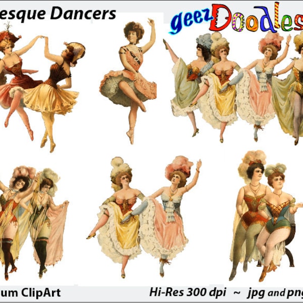 Vintage Clip Art of Burlesque Dancers ~ Antique illustrations prepared as clipart ~ Burlesque show dancing and vaudeville dancers