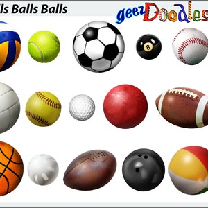 Puede incluir: Una colecci&oacute;n de 12 tipos diferentes de pelotas, incluyendo una pelota de voleibol, una pelota de tenis, una pelota de f&uacute;tbol, una bola de billar, una pelota de b&eacute;isbol, una pelota de softball, una pelota de golf, una bola de bolos, una pelota de baloncesto y una pelota de playa. Las pelotas est&aacute;n dispuestas en tres filas de cuatro. El texto "Balls Balls Balls" est&aacute; en la parte superior de la imagen y "geezDoodles" est&aacute; en la parte superior derecha.