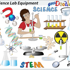 May include: A colorful illustration of science lab equipment, including a beaker, test tubes, a Bunsen burner, a microscope, a graduated cylinder, a magnet, a DNA strand, a molecule, a petri dish, a magnifying glass, goggles, and a radiation symbol. The illustration also includes the word "STEM" in colorful letters.