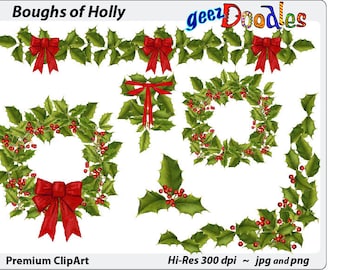 Imágenes prediseñadas de acuarela de Navidad - Holly clip art con guirnaldas, guirnaldas, bóramo de Navidad con bayas y arcos rojos