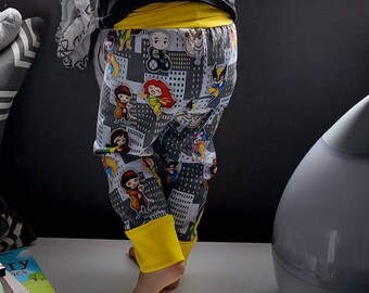 X-Men, grandir avec moi, jambières pour bébés, pantalons d’yoga, pantalon de couches de tissu, enfants de x-men, enfants wolverine, super héros enfants, enfants chibi, ville de super héros