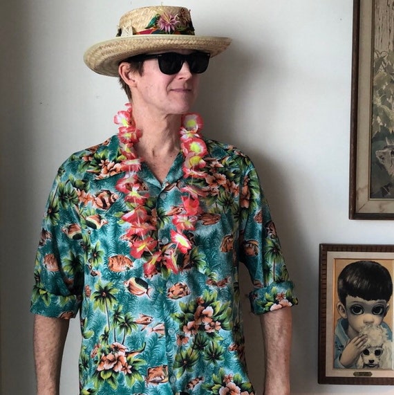 Vintage Hawaiian Shirt With Palm Trees, Fish, Tropical Flowers