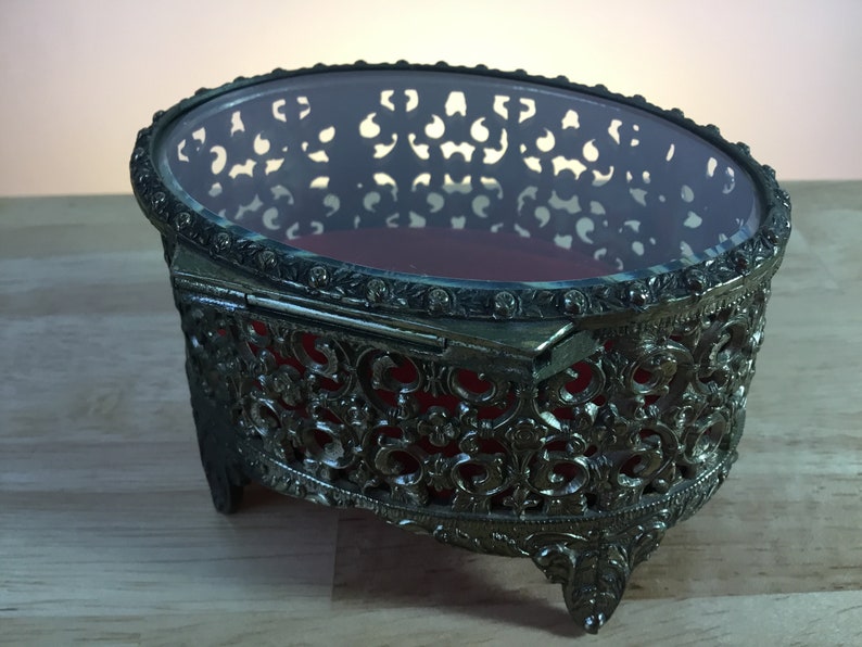 Ornate Brass Jewelry Box FREE SHIPPING!!!! Oval Gold Tone Filigree Beveled Hinged Glass Top Ormoru Jewelry BoxCasket Gold Oval Casket