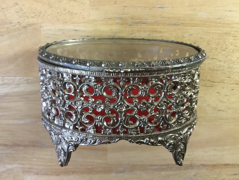 Ornate Brass Jewelry Box FREE SHIPPING!!!! Oval Gold Tone Filigree Beveled Hinged Glass Top Ormoru Jewelry BoxCasket Gold Oval Casket