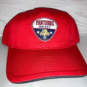 May include: A red baseball cap with a curved peak. The cap displays a patch with the words "PANTHERS HOCKEY" and a panther logo. The patch is bordered by a white and blue design with stars.