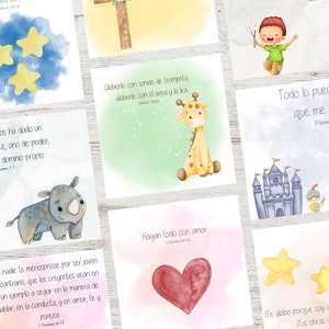 Carte di preghiera per bambini spagnoli spagnoli, versi della Bibbia per bambini, carte illustrate, fai da te stampabile per bambini cristiani, set di 40, DOWNLOAD DIGITALE