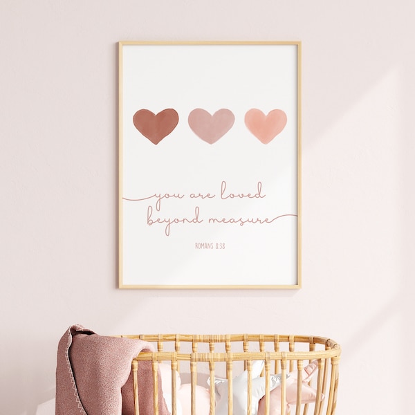 Christelijke kwekerij afdrukbaar, baby meisje decor, Boho kunst aan de muur, kinderen Bijbelvers, aquarel hart print, Romeinen 8:38, digitale DOWNLOAD