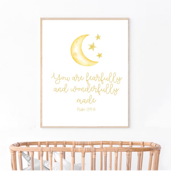 Christian Nursery Printable, Baby Decor, Boho Wall Art, Gold, Hand-painted, Kids Watercolor Moon Print, Psalm 139:14 DIGITAL DOWNLOAD