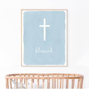 Christian Nursery Printable, Baby Boy Decor, Boho Wall Art, Soft Blue, Hand-painted, Kids Watercolor Cross Print, DIGITAL DOWNLOAD