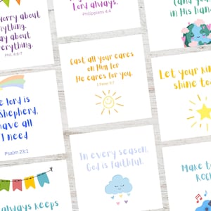 Cartões impressos para lancheira cristã infantil, versículos bíblicos infantis, cartões ilustrados, faça você mesmo inspirador para impressão, conjunto de 40 cartolinas