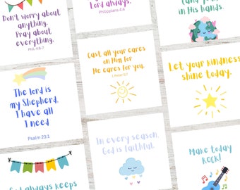 PRINTED Children's Christian Lunchbox Cards, Kids Bible Verses, Illustrated Flashcards, Inspirational Printable DIY, Set of 40 Cardstock