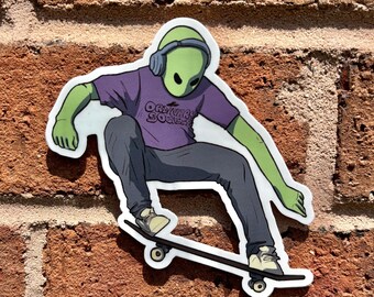 Alien Skateboarding Sticker | Vinyl Decal Gift for Skaters