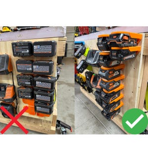 Wall mount battery holder compatible with Ridgid 18V batteries, 3D-printed organizer for workshop or garage. Durable 3D-printed wall mount for Ridgid 18V power tool batteries, easy-install storage bracket. Ridgid 18V battery wall holder and organizer, heavy-duty plastic mount for secure tool battery storage. Compact Orange wall-mounted rack designed to hold Ridgid 18V lithium power tool batteries. Space-saving Ridgid 18Vbattery mount for workshop walls, keeps batteries organized.