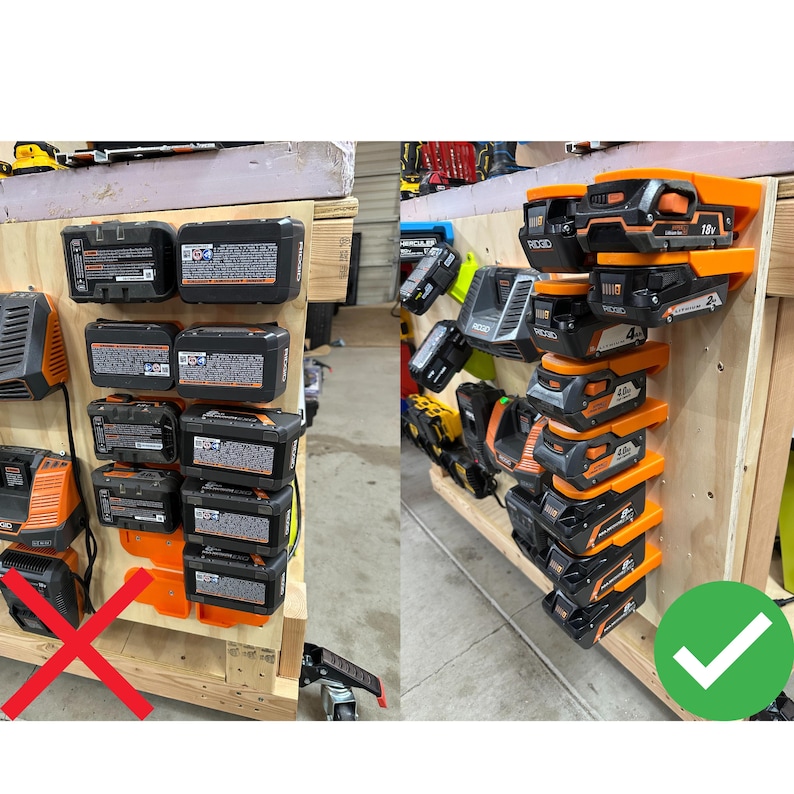 Wall mount battery holder compatible with Ridgid 18V batteries, 3D-printed organizer for workshop or garage. Durable 3D-printed wall mount for Ridgid 18V power tool batteries, easy-install storage bracket. Ridgid 18V battery wall holder and organizer, heavy-duty plastic mount for secure tool battery storage. Compact Orange wall-mounted rack designed to hold Ridgid 18V lithium power tool batteries. Space-saving Ridgid 18Vbattery mount for workshop walls, keeps batteries organized.