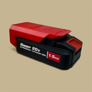 May include: A black and red Bauer 20V Hypermax Lithium-Ion 1.5Ah battery. The battery has a red top and a black base. The text "Bauer 20V Hypermax Lithium-Ion" is printed on the front of the battery.