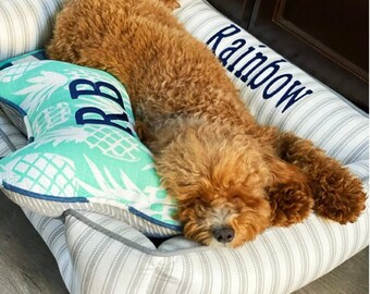 May include: A brown and white striped dog bed with a light blue and white pineapple patterned pillow. The pillow has the initials "RB" embroidered on it. The bed has the word "Rainbow" embroidered on it.