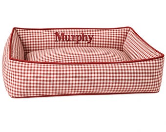 Personalized Red Gingham Dog Bed - Choose your fabric, size, and filling. Ultra Plush Washable Embroidered Check Dog Bed