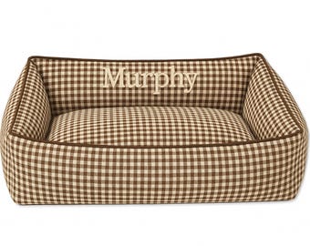 Custom Chestnut Brown Gingham Dog Bed - Choose your fabric, size, and filling. Full Overstuffed Bolsters with removable washable bed cover