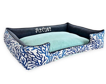 Blue Coastal Pet Bed, Beach House Dog Bed, Beach Bungalow Decor, Personalized Blue Dog Bed, Washable Cover and Inserts In a Nautical Theme