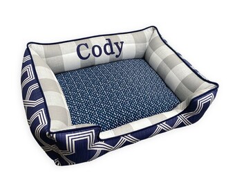 Navy Plaid Dog Bed, Blue & Grey Modern Pet Bedding, Machine Washable Pet Bedding, Personalized Dog Bed With Waterproof Inserts, Sustainable