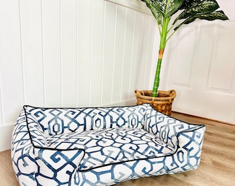 Modern Navy Dog Bed, Machine Washable Large Dog Bed, Embroidered Bolster Style Pet Bed, Dog Bed With Waterproof Inserts, Durable Dog Bedding