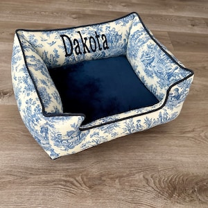 Small Toile Dog Bed | Navy Minky & Toile Pet Bedding | Toile Patterned Pet Bedding | Personalized Washable Dog Bed | Sustainable Pet Bedding