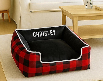 Red Gingham Dog Bed, Custom Pet Bed With Name, Washable Dog Bed With Removable Cover For Easy Clean, Personalized Dog Bedding, Buffalo Check