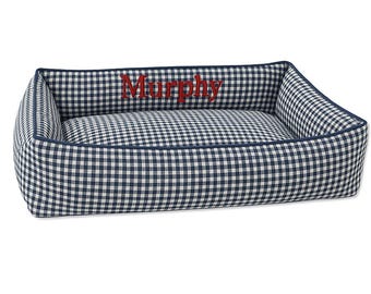 Personalized Navy Gingham Dog Bed - Choose your fabric, size, and filling. Full Overstuffed Bolsters with removable washable pet bed cover