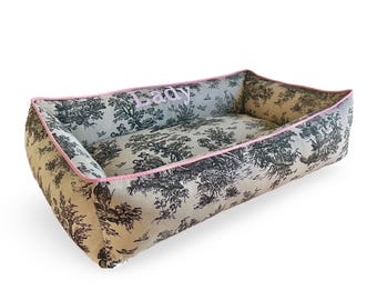 Personalized Linen Toile Dog, Washable Removable Dog Bed Cover & Waterproof Inserts, Luxury Custom Bolster Bed With Name, Orthopedic Dog Bed