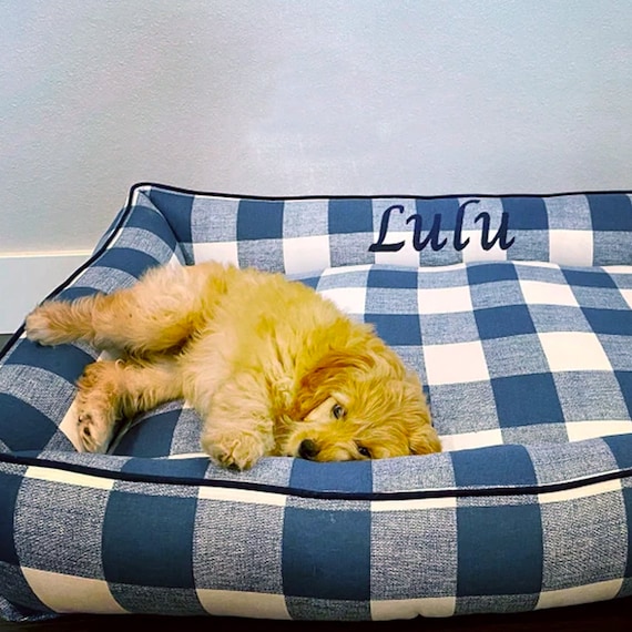 Navy Check Puppy Bed Blue Plaid Puppy Bed Easy Clean Puppy Bed