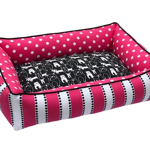 Pink Polka Dot Dog Bed | Pink and Black Stripe Pet Bed | Washable Dog Bed | Large Dog Bed | Large Pet Bed | Full Bolster Dog Bed | Ship Fast