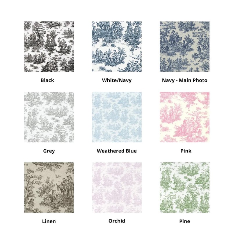 May include: A collection of nine fabric swatches featuring a toile de Jouy pattern. Colors include black, white/navy, navy, grey, weathered blue, pink, linen, orchid, and pine. Each swatch is labeled with its respective color name.