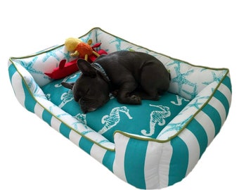 Teal and green nautical dog bed with removable cover - Choose your fabric, size, and add your pet&#39;s name | Small Dog Bed, Washable Dog Bed