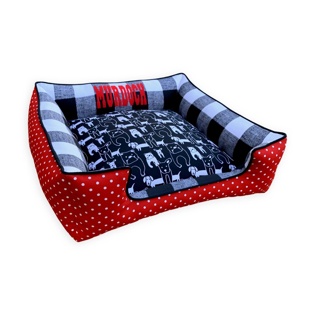 Red and Black Polka Dot Dog Bed, Large Dog Bed Bulldog Print