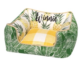 Tropical Pineapple Dog Bed | Yellow Miami Dog Bed | Small Monogrammed Pet Bed | Florida Beach Pet Bedding | Outdoor Beach Dog Bed | Dog Gift