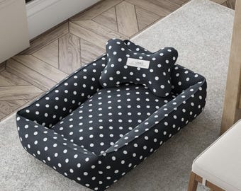 Polka Dot Dog Bed – Removable Washable Cover, Waterproof Cushion, Orthopedic Memory Foam or Hypoallergenic Filling, Bolsters, Personalized