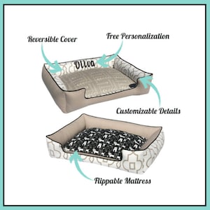 Pu&ograve; includere: Un letto per cani beige e bianco con un bordo nero. Il letto ha una fodera rimovibile e reversibile e un dettaglio personalizzabile. Il letto &egrave; mostrato con il nome "Olivia" ricamato sulla fodera. Il letto ha anche un materasso reversibile.