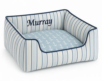 Cama para mascotas con diseño costero personalizado, cama moderna para perros con rayas azules estilo náutico y nombre, funda extraíble y lavable, insertos impermeables, cama para cachorros.