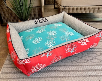 Outdoor Coastal Dog Bed | Coral and Teal Dog Bed | Large Outdoor Dog Bed | Extra Large Dog Bed | Personalized Dog Bed | Pet Bed With Walls