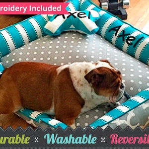 Large Dog Bed | Teal Dog bed, grey polka dots, teal stripe, quatrefoil fabric - Design your own - free name embroidery