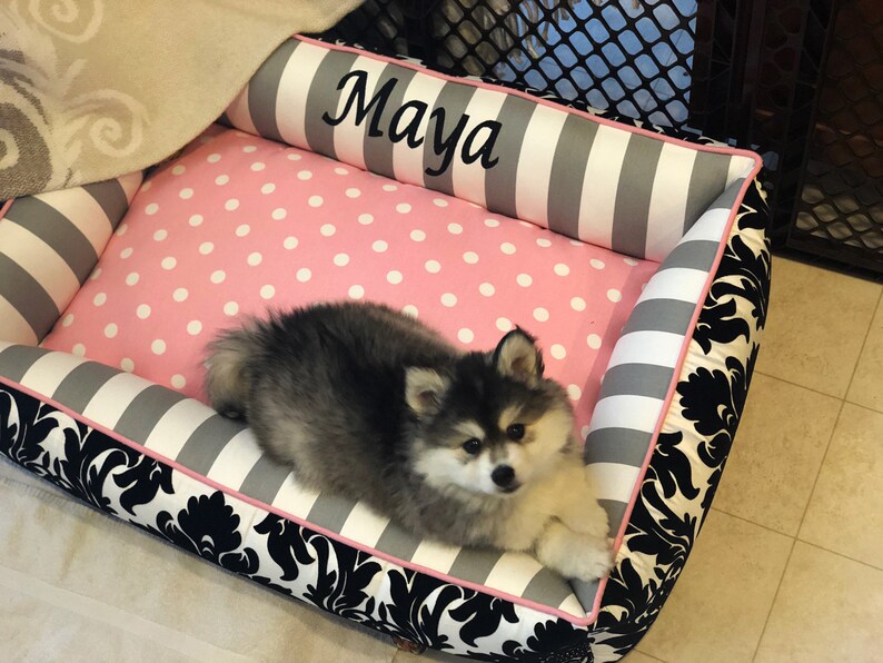 Pink and Grey Damask Dog Bed Durable Pet Bed With Removable Etsy