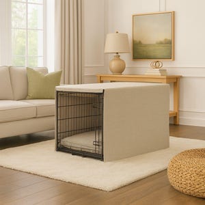 May include: A rectangular black metal wire pet crate covered with a solid beige fabric slipcover. The crate features a matching beige cushioned pad inside the base, providing a structured enclosure for a pet within a home living space.
