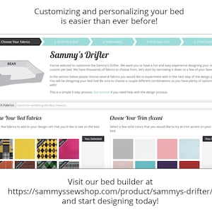 Pu&ograve; includere: Schermata di un sito web per la personalizzazione di letti per animali domestici. Il sito web si chiama "Sammy's Drifter" e offre una variet&agrave; di tessuti e colori tra cui scegliere. Il sito web include anche una barra di ricerca per trovare tessuti specifici.