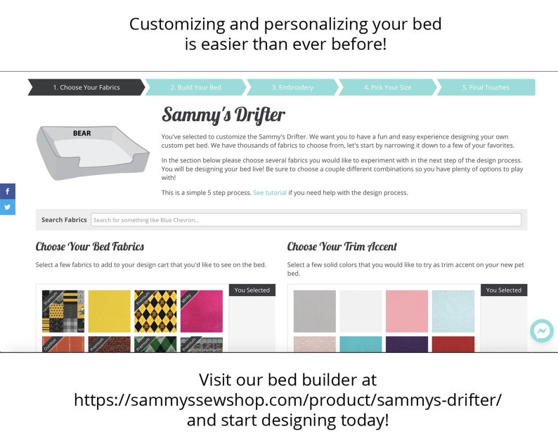 Pu&ograve; includere: Schermata di un sito web per la personalizzazione di letti per animali domestici. Il sito web si chiama "Sammy's Drifter" e offre una variet&agrave; di tessuti e colori tra cui scegliere. Il sito web include anche una barra di ricerca per trovare tessuti specifici.