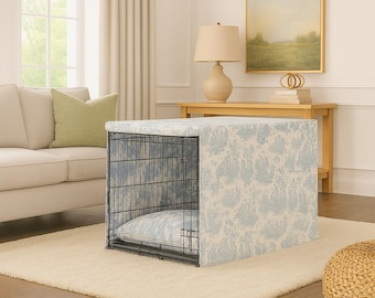 Soft Blue Toile Pet Crate Cover – Custom Size, Washable Premium Fabric, Front & Side Opening, Personalized Puppy Crate Cover Made to Measure